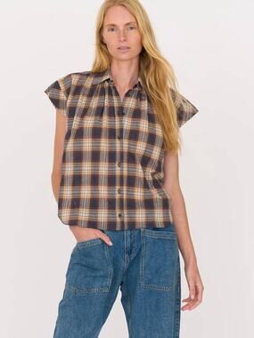 SECULAR Trinity Button Up Shirt in Camel Plaid S Effortless Scandi Minimalist